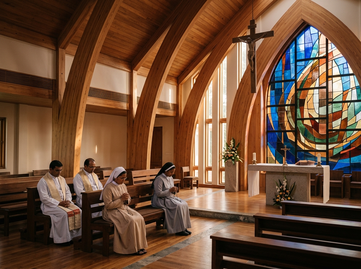 Serene sunlit chapel during quiet spiritual contemplation and prayer