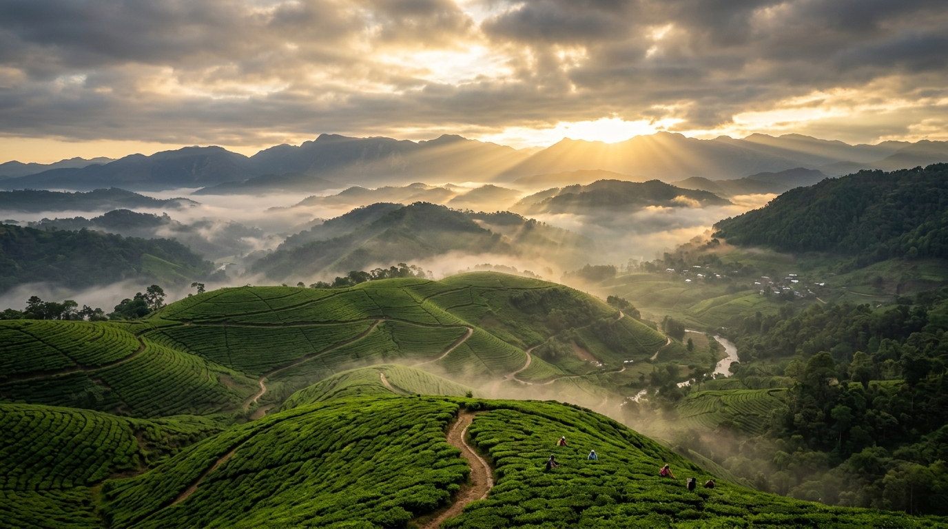 Misty golden sunrise over the majestic rolling mountain ranges of Northeast India
