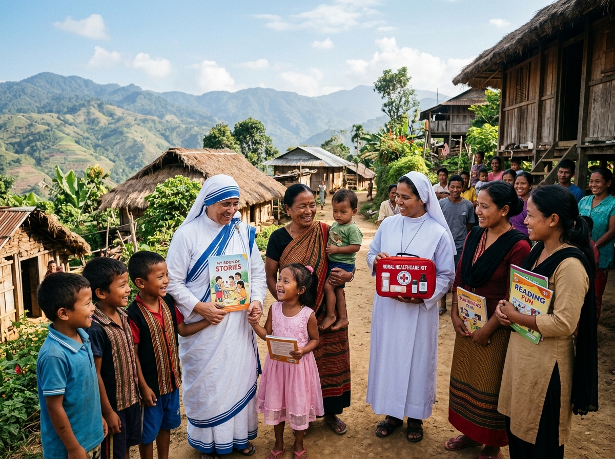 Catholic sisters and missionaries assisting tribal families in remote village