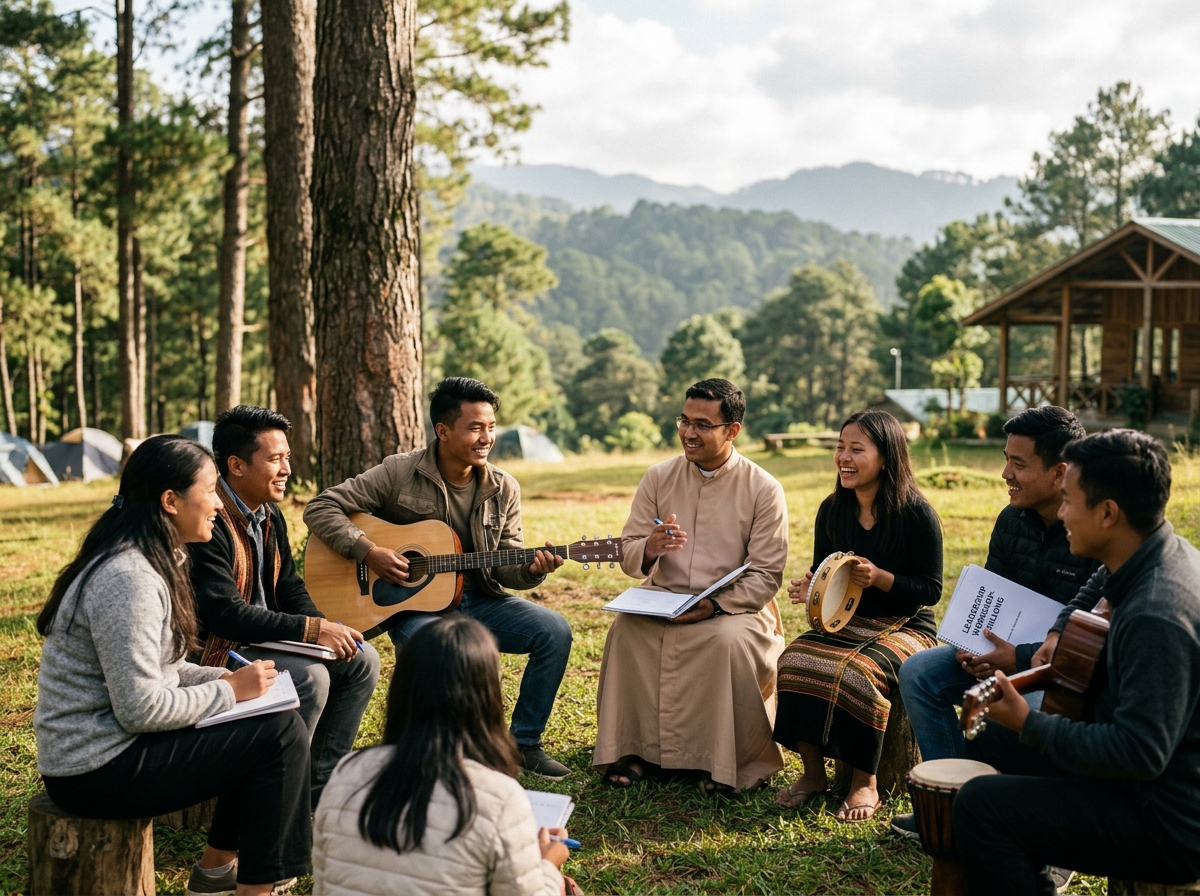 Young indigenous youth and mentors in mountain retreat seminar with guitars and books